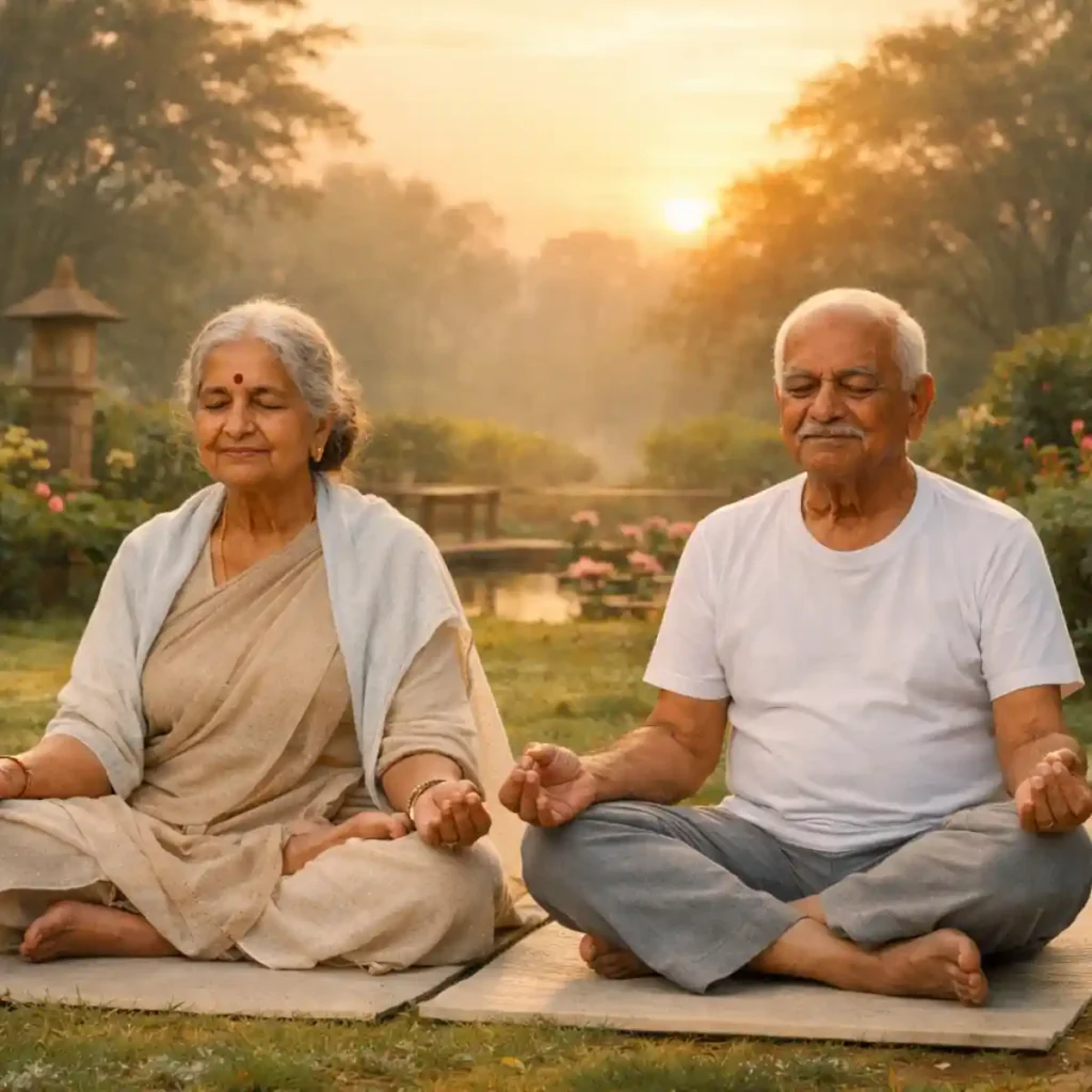 Indian couple in their 80s practicing yoga in a garden