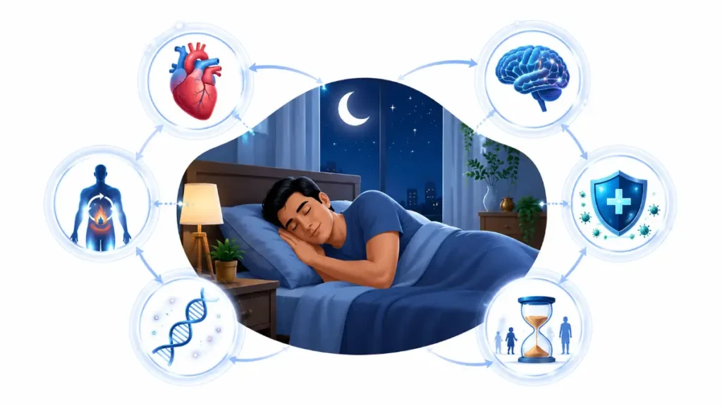 Sleep aur Longevity ka relation infographic showing benefits of quality sleep